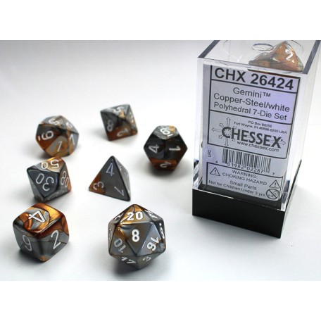 Dice Gemini 7-Die Set Copper-Steel/White